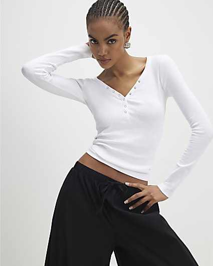 White Long Sleeve Popper Ribbed Top