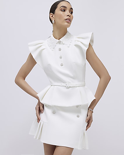 White Diamante Pleated Mini Skirt