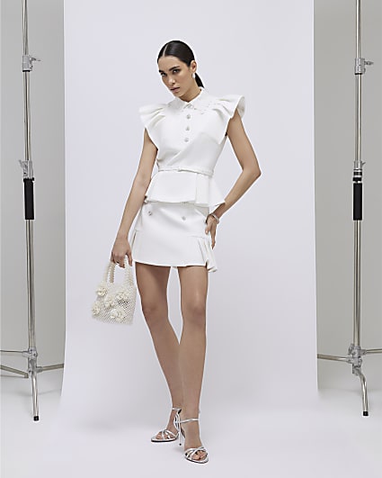 White Frill Sleeve Diamante Peplum Top
