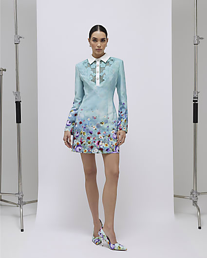 Green Floral Lace Trim Collared Mini Dress