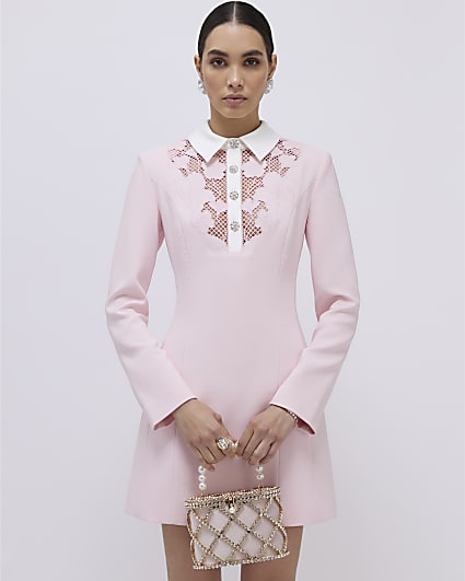 Pink Lace Trim Collared Mini Dress