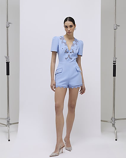 Blue Lace Trimmed Short Sleeve Playsuit