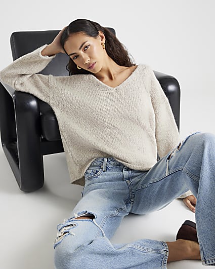 Beige V Neck Slouch Jumper