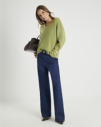 Lime Knitted V Neck Slouchy Jumper