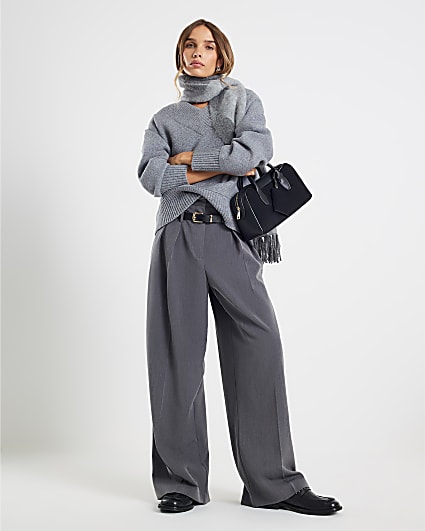 Grey Drop Belt Wide Leg Trousers