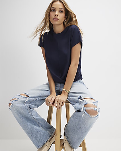 Navy Short Sleeve Twist Front T-Shirt