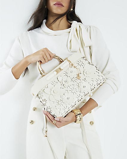 Cream 3D Floral Laser Cut Tote Bag