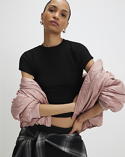 Black Short Sleeve Fitted Ribbed Top