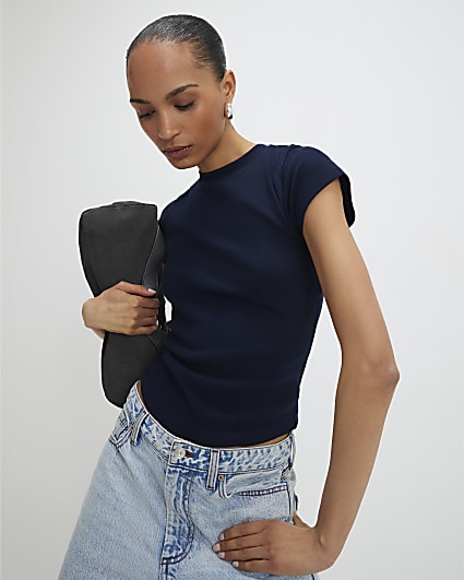 Navy Short Sleeve Fitted Ribbed Top