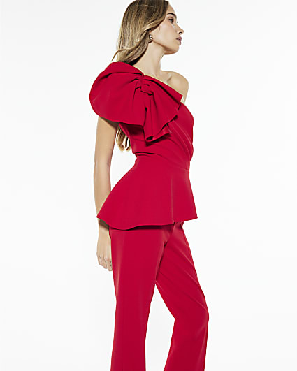 Red Sleeveless Asymmetric Ruffle Jumpsuit