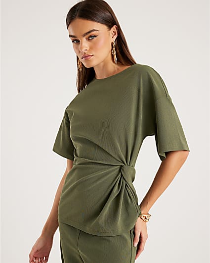 Khaki Short Sleeve Twist Detail Top