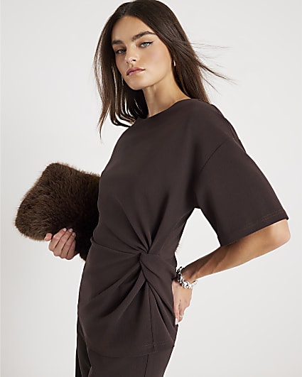 Brown Short Sleeve Twist Detail Top