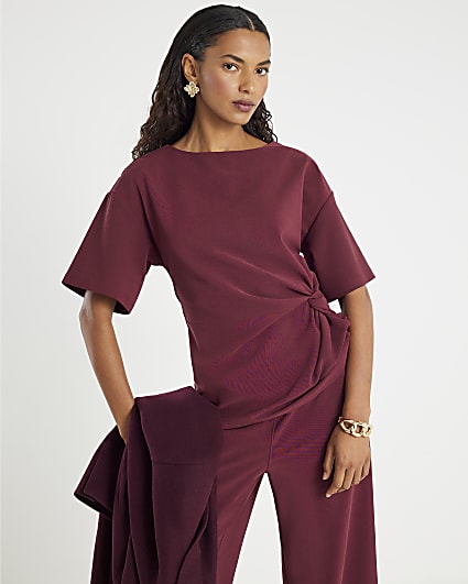 Red Short Sleeve Twist Detail Top