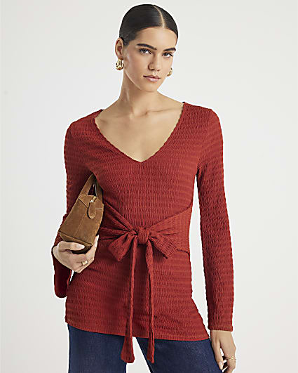 Red Textured Long Sleeve Tie Waist Top