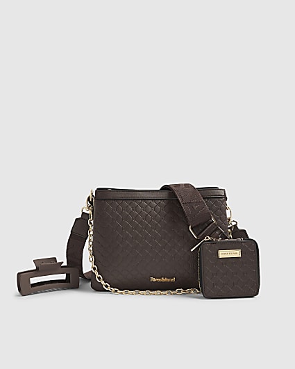 Brown Embossed Monogram Chain Cross Body Bag