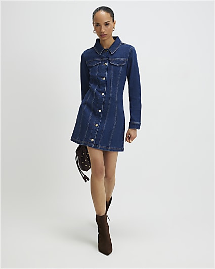 Blue Denim Long Sleeve Button Up Mini Dress