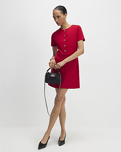 Red Short Sleeve Scallop Trim Mini Dress