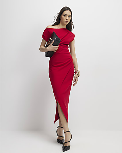 Red Draped Midi Dress
