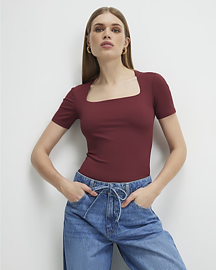 Red Square Neck Fitted Top