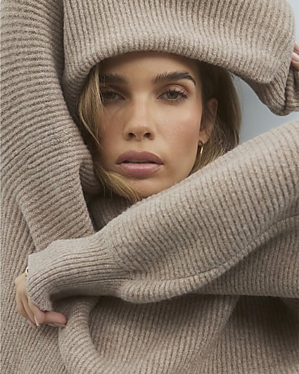 Beige Knitted Funnel Neck Jumper