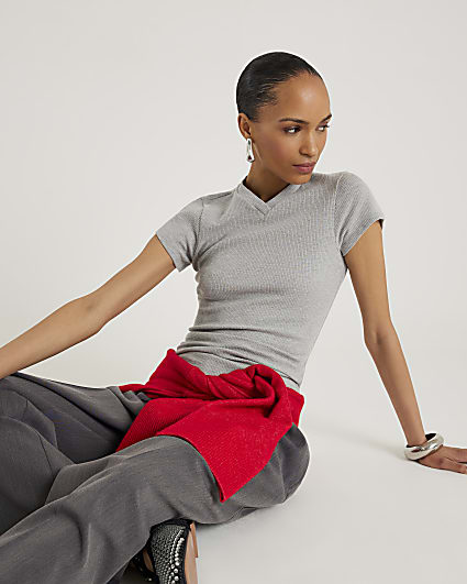 Grey Short Sleeve High V Neck Ribbed Top