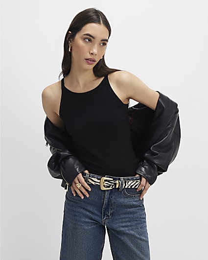 Black Ribbed Racer Front Tank Top