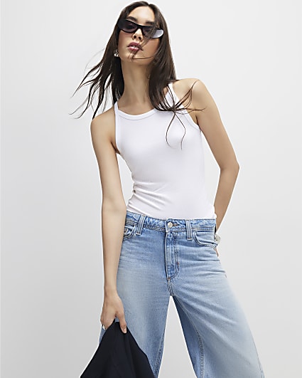 White Ribbed Racer Front Tank Top