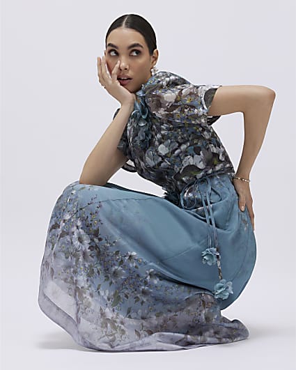 Blue Floral 3D Corsage Midi Dress