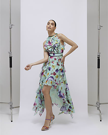 Green Floral Sleeveless Midi Dress