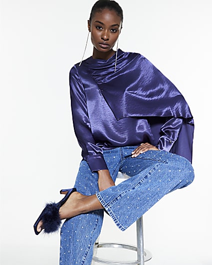 Blue Satin Ruched Cape Detail Blouse
