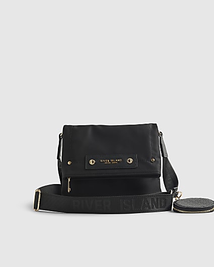 Black Nylon Flap Over Messenger bag