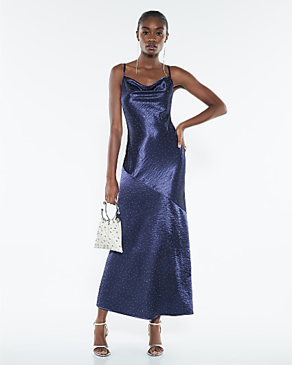 Navy Satin Diamante Detail Slip Midi dress