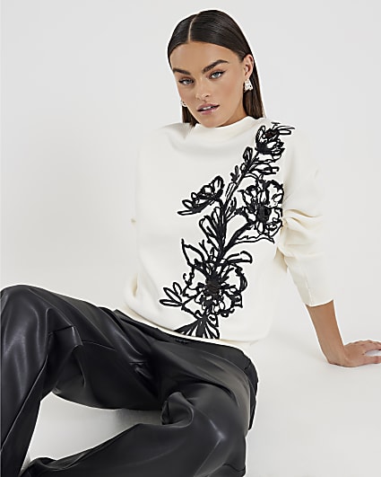 Cream Long Sleeve Floral Applique Sweatshirt