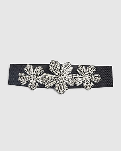 Black 3D Diamante Flower Belt