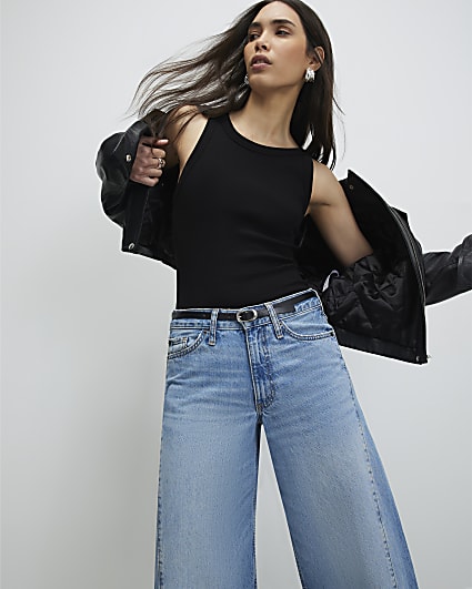 Black Sleeveless Ribbed Tank Top