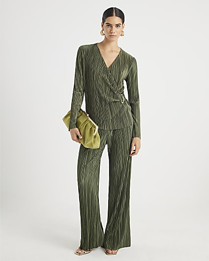 Khaki Plisse Wide Leg Trousers