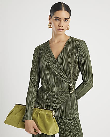Khaki Long Sleeve Plisse Wrap Top