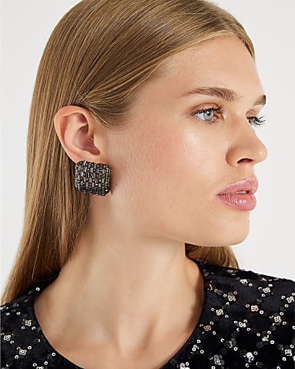 Black Square Embellished Stud Earrings