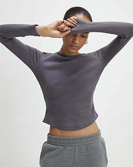 Grey Long Sleeve Ribbed Crew Neck Top