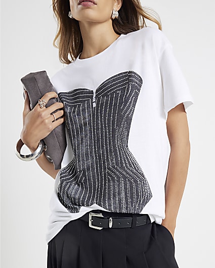 White Short Sleeve Diamante Corset T-shirt