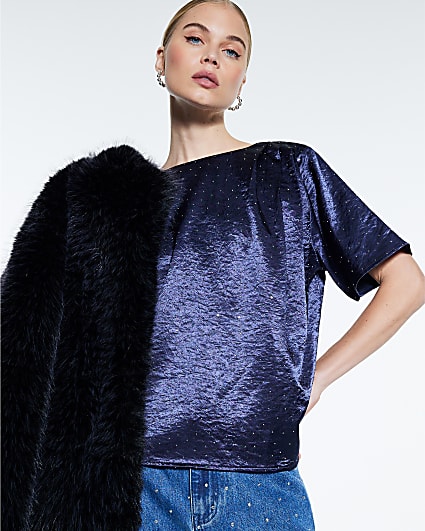 Blue Satin Diamante Short Sleeve T-shirt