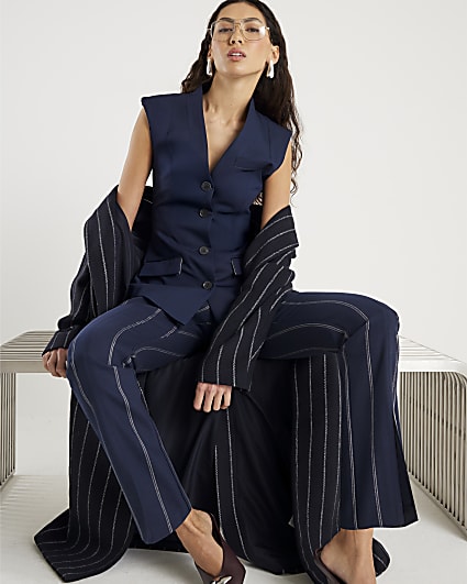 Navy Fitted Longline Waistcoat