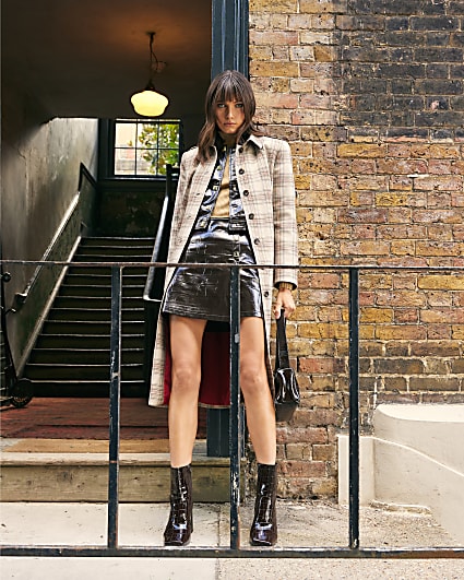 Beige Check Longline Tailored Belted Coat