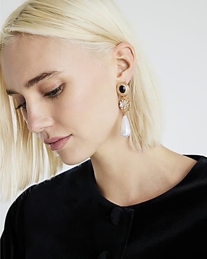 Gold Pearl and Diamante Drop Earrings