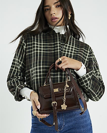Brown Mini Patent Cross Body Tote Bag
