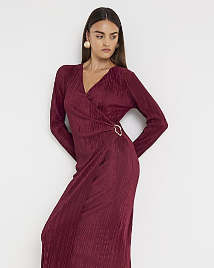 Red Plisse Long Sleeve Wrap Midi Dress