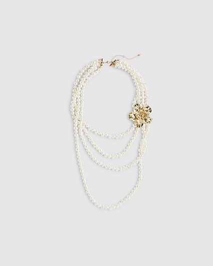 White Pearl Floral Layered Necklace