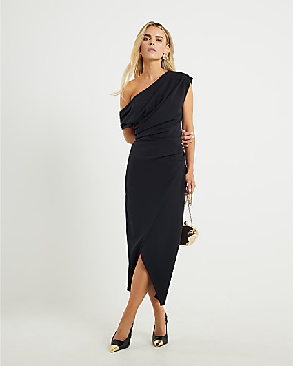 Petite Black Asymmetric Drape Wrap Midi Dress