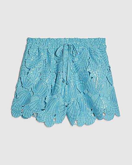 Blue Cutwork Sequin Beach Shorts