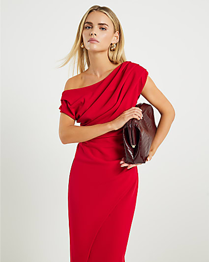 Petite Red Asymmetric Drape Wrap Midi Dress
